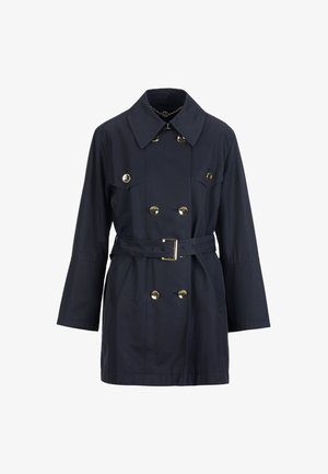 Navy blue trench coat featuring a double-breasted design, gold-tone buttons, wide collar, and a belted waist with long sleeves.