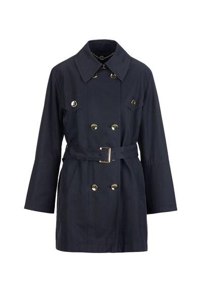 Palton trench bleumarin cu design cu două rânduri de nasturi, nasturi aurii, guler lat și talie cu curea, mâneci lungi.