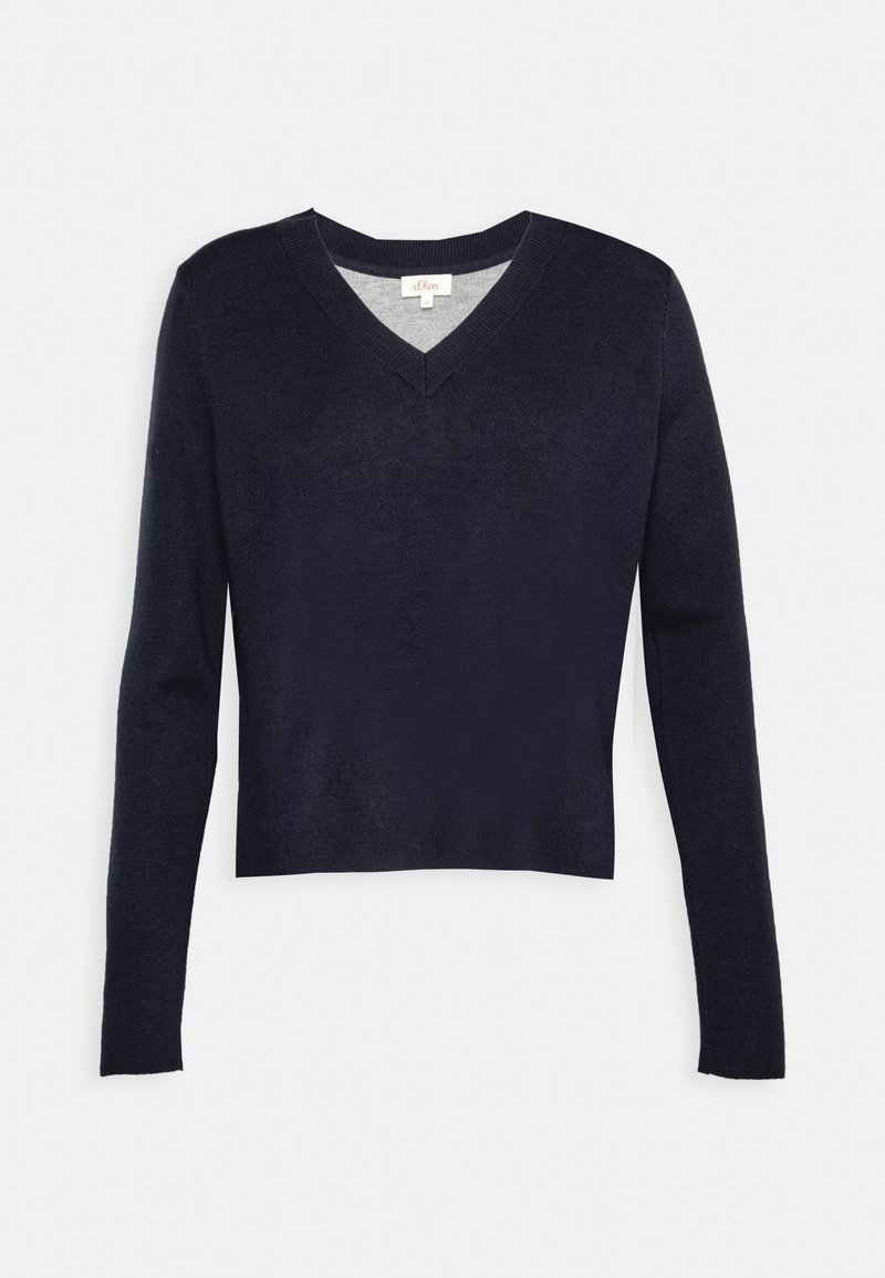 Pull-over bleu marine foncé à manches longues et col en V, avec un col et un ourlet côtelés, présenté sur un fond clair uni.