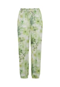Leichte, stretchige Stoffhosen mit einem Kordelzugbund. Merkmale sind ein grünes Aquarell-Blumenmuster, tapered Beine und elastische Bündchen.