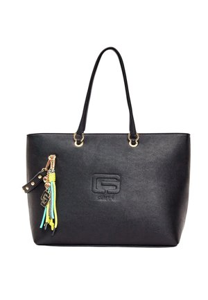 Borsa tote in pelle nera con doppi manici, logo in rilievo al centro e nappine decorative multicolori attaccate su un lato.