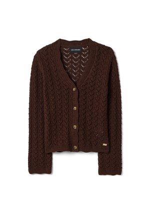 Braune gestrickte Strickjacke mit langen Ärmeln, V-Ausschnitt, vier Knöpfen und einem strukturierten Chevron-Muster.