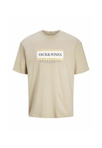 Beige Baumwoll-T-Shirt mit Rundhalsausschnitt und kurzen Ärmeln. Der Frontaufdruck enthält den Text "JACK & JONES" und "ORIGINALS WORLDWIDE".