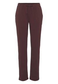 Pantalones marrones con banda elástica en la cintura y cordón. Diseño de pierna recta, textura suave, sin patrones visibles ni herrajes. Simples y versátiles.