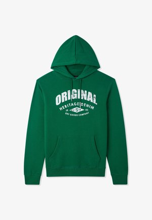 Felpa verde con cappuccio e tasca frontale, con una grafica testuale bianca che recita "ORIGINAL HERITAGE DENIM 1983."
