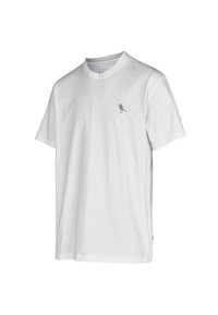 Weißes Baumwoll-T-Shirt mit Rundhalsausschnitt. Mit einem kleinen grauen Vogel-Logo auf der linken Brust. Kurze Ärmel und eine lockere Passform.