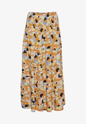 Kukallinen maxi-hame, jossa on rypytetty vyötärö, esittelee keltainen, oranssi, musta ja vaaleansininen kukkakuvio valkoisella taustalla.