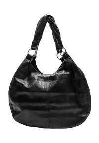 Borsa hobo in pelle nera con una texture liscia, forma grande e arrotondata, e una tracolla intrecciata. Presenta hardware argentato e cuciture decorative.