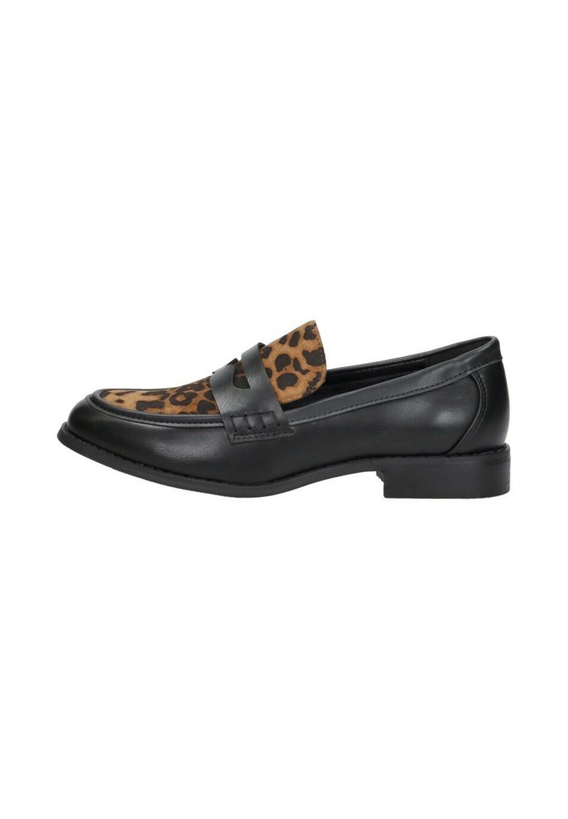 Zwarte leren instappers met een leopardprint suede paneel. Heeft een gestikte detail en een lage blokhak voor stabiliteit.