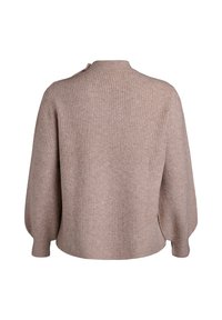 Strickpullover in Hellbeige mit gerippter Textur, ausgestattet mit einem hohen Kragen und leicht puffierten Ärmeln, konzipiert für eine lockere Passform.
