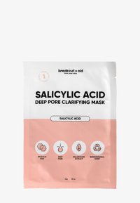 Salicylsäure-Tiefenporen-Reinigungsmaske in einer rosa-weißen Verpackung. Enthält Symbole für Salicylsäure, tiefe Poren, Weidenrindenextrakt, biologisch abbaubares Tuch.