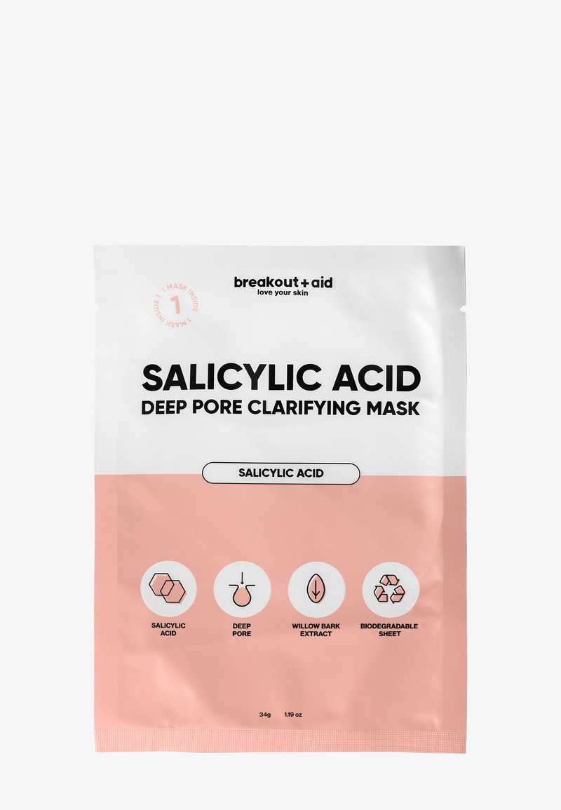 Salicylsäure-Tiefenporen-Reinigungsmaske in einer rosa-weißen Verpackung. Enthält Symbole für Salicylsäure, tiefe Poren, Weidenrindenextrakt, biologisch abbaubares Tuch.