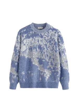 Pull en tricot dans des nuances de bleu et gris, présentant un motif texturé, un col rond et des manches longues. Matière douce et chaude utilisée.