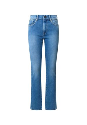 Lichtblauwe denim jeans met een rechte pijp, voorzien van een vijf-pocket ontwerp, knoopsluiting en subtiele vervaging langs de dijen.