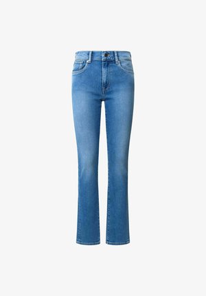 Lichtblauwe denim jeans met een rechte pijp, voorzien van een vijf-pocket ontwerp, knoopsluiting en subtiele vervaging langs de dijen.
