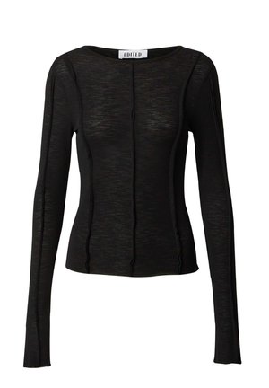 Zwarte lange mouwen top van lichtgewicht stof met een gestructureerde afwerking, voorzien van een ronde halslijn en subtiele stikseldetails.