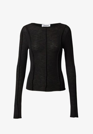 Haut noir à manches longues en tissu léger avec une finition texturée, doté d'un col rond et de coutures discrètes.