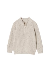 Cremefarbener, grob gestrickter Pullover mit Viertelreißverschluss, gerippten Bündchen und Saum, flach auf einem weißen Hintergrund ausgelegt.