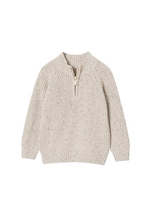 Cremefarbener, grob gestrickter Pullover mit Viertelreißverschluss, gerippten Bündchen und Saum, flach auf einem weißen Hintergrund ausgelegt.