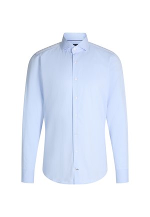 Himmelblaues Langarmhemd aus Baumwolle. Verfügt über einen klassischen Kragen, eine Knopfleiste und einen abgerundeten Saum. Glatte Textur, normale Passform.