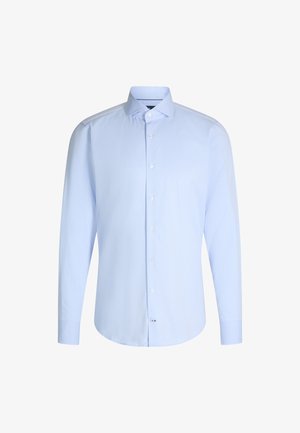 Camicia a maniche lunghe di cotone blu chiaro. Caratterizzata da un colletto classico, chiusura frontale con bottoni e orlo arrotondato. Texture liscia, vestibilità regolare.