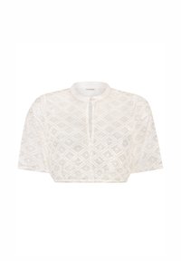 Weißes, cropped Blusenshirt mit rundem Kragen, das ein geometrisches Spitzenmuster und eine Knopfleiste auf der Vorderseite aufweist. Weicher, leichter Stoff.