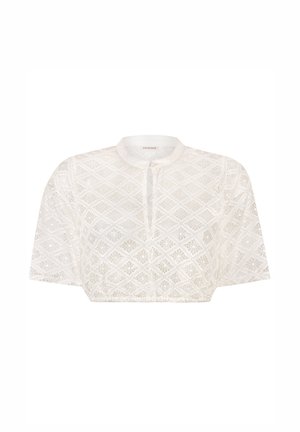 Weißes, cropped Blusenshirt mit rundem Kragen, das ein geometrisches Spitzenmuster und eine Knopfleiste auf der Vorderseite aufweist. Weicher, leichter Stoff.