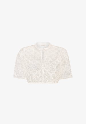 White cropped blouse with a round collar, featuring a geometric lace pattern and a button placket at the front. Soft, lightweight texture.
