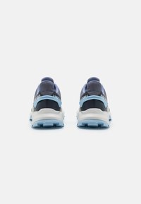 Blue and gray athletic shoes with a mesh upper, padded collar, and white midsole; rubber outsole with traction lugs for grip.