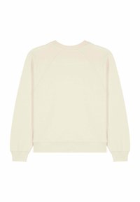 Cream-colored sweatshirt, featuring a round neck, raglan sleeves, and ribbed cuffs and hem. Soft fabric with a smooth texture.