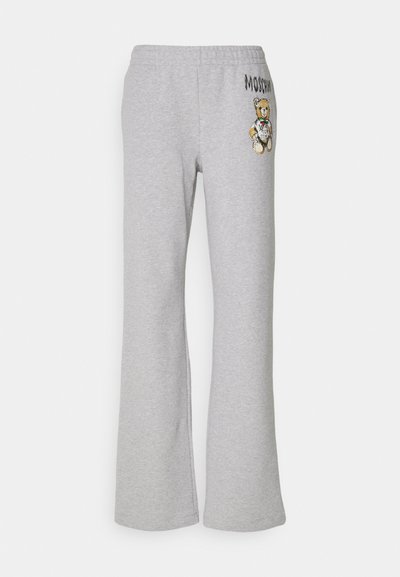 Szürke pamut melegítőnadrág, elasztikus derékpánttal, bal lábszáron hímzett maci és "Moschino" felirattal.