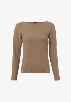 Brown long-sleeve knit sweater with boat neckline and fine textured pattern, labeled Franco Callegari.