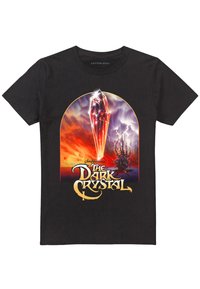 Black cotton t-shirt featuring a colorful graphic of a crystal with "The Dark Crystal" text, set against a vibrant, abstract background.