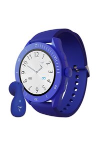 Montre intelligente en silicone bleu avec un cadran rond blanc, des marqueurs d'heure noirs et un bouton sur le côté. Accompagnée d'un écouteur sans fil bleu.