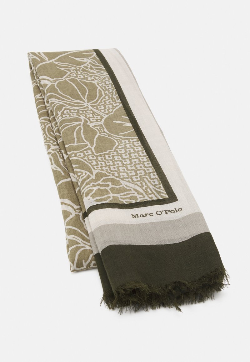 Écharpe rectangulaire pliée avec motif floral vert olive, bordures blanches et grises, extrémités à franges, et texte "Marc O'Polo" dans un coin.