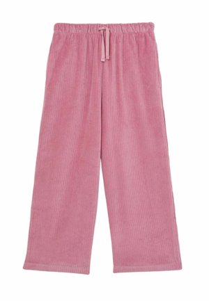 Ružové široké nohavice z kordovej látky s elastickým pásom a sťahovacou šnúrkou, položené na bielom pozadí.