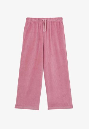 Pantaloni largi din catifea cu nervuri roz, cu talie elastică și șnur, așezați pe o suprafață albă.