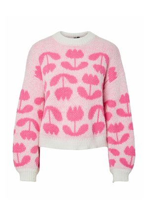 Pull rose et blanc avec un motif floral, présentant des manches longues, un col rond et des bords côtelés aux poignets et à l'ourlet. Texture tricotée.