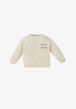 Pull en maille de couleur crème avec manches longues et "COOL TEAM" brodé en beige sur le côté gauche de la poitrine.