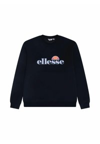 Felpa nera in cotone, con scollatura rotonda e polsini a coste. Il davanti presenta il logo "ellesse" e una grafica a semicerchio colorata.
