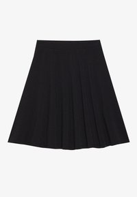 Jupe noire longueur genou en ligne A avec tissu texturé et ceinture ajustée sur fond blanc uni.