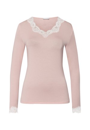 Langarmige roze top met een V-hals met kantafwerking en kantaccenten bij de mouwboorden, met een zachte textuur en een slim fit ontwerp.
