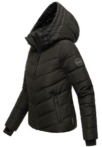 Black insulated jacket with a hood, featuring a quilted design, two zippered pockets, and elastic cuffs with thumbholes.