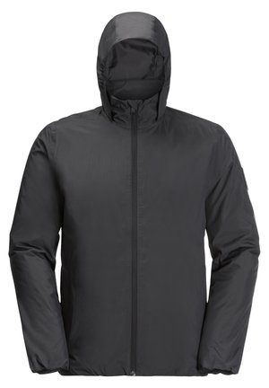 Schwarze Kapuzenjacke aus leichtem, glattem Stoff; mit einem durchgehenden Reißverschluss auf der Vorderseite und langen Ärmeln mit elastischen Bündchen.