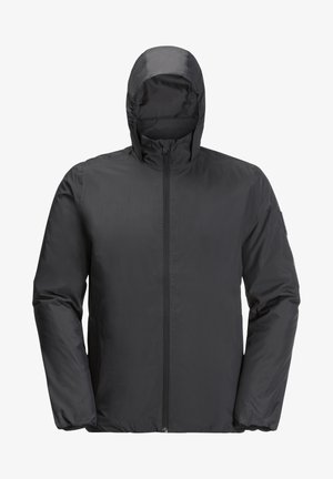 Schwarze Kapuzenjacke aus leichtem, glattem Stoff; mit einem durchgehenden Reißverschluss auf der Vorderseite und langen Ärmeln mit elastischen Bündchen.