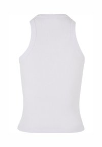White ribbed tank top with a fitted design, featuring a round neckline and wide shoulder straps, shown from the back.