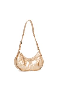 Borsa a tracolla in metallo dorato con forma arrotondata, texture arricciata e una sola tracolla regolabile; presenta una piccola tasca con zip sul lato.