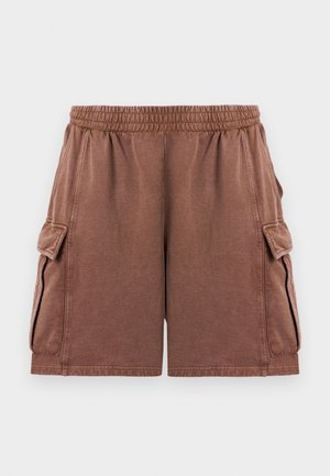 Brown cargo shorts with elastic waistband and flap pockets on each side, displayed against a plain white background.