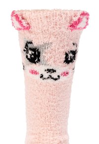 Calzino rosa morbido con design di faccia di animale in bianco e nero, con dettagli ricamati e orecchie in 3D nella parte superiore. Texture soffice.