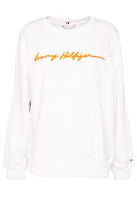 Vit långärmad sweatshirt med orange "Tommy Hilfiger" text över bröstet och liten Tommy Hilfiger-flagga på vänster ärm.